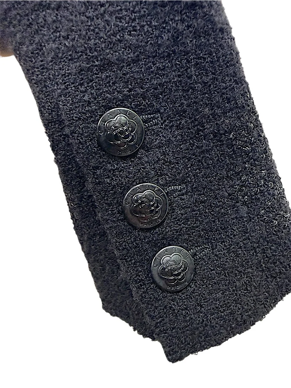 Chanel Cruise 2003 Black Camellia Bouclé Zip Jacket FR36